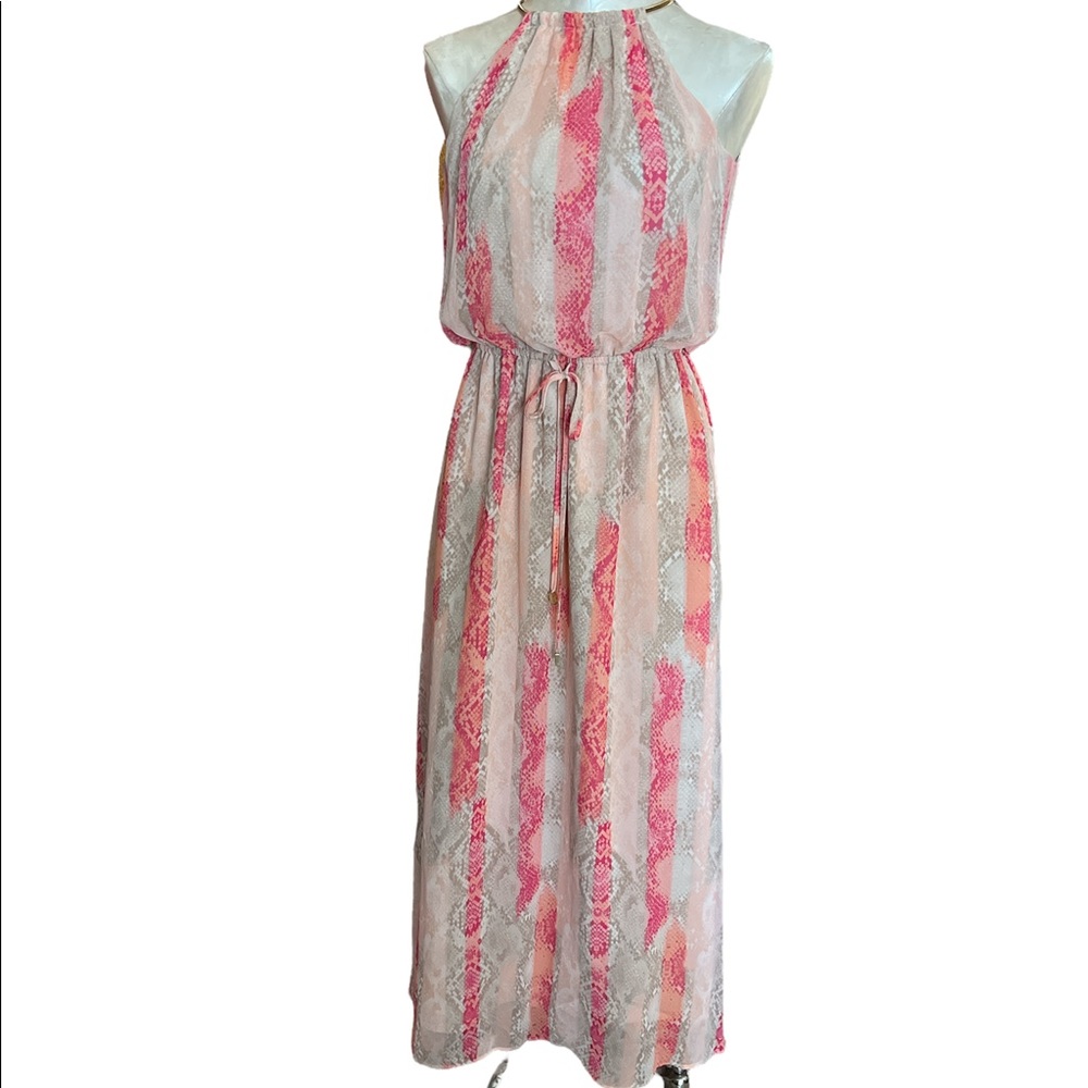 Apt 9 Gold Chain Halter Maxi Dress Pink Coral Snake Print Blouson Size S